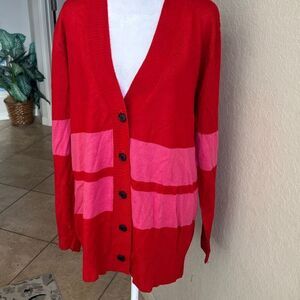 Madeleine Thompson Size L Cardigan Red Pink Varsity Stripe Preppy Valentine NWT